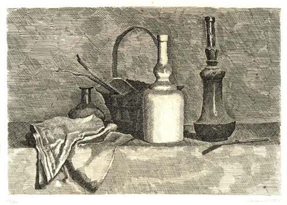 Morandi Giorgio - Natura morta con il panneggio a sinistra
